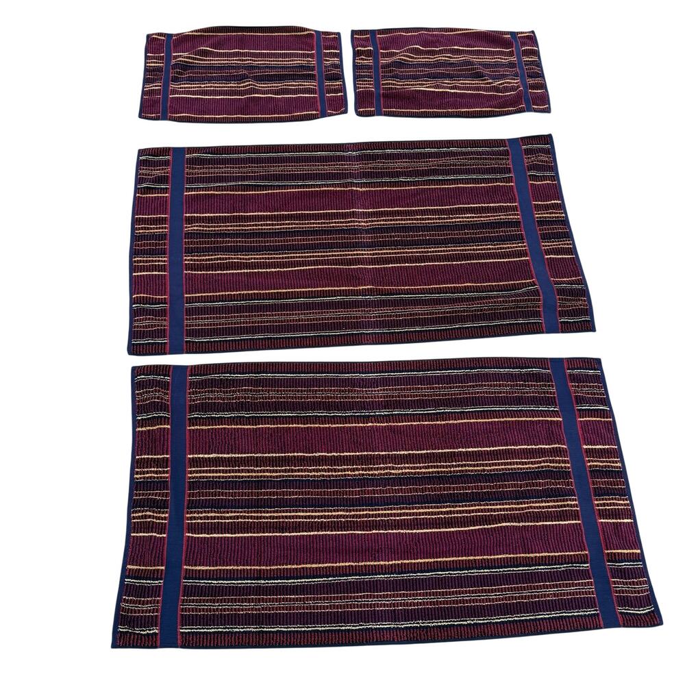 Vintage 90s Wamsutta Bath / Hand Towels Set 4 Striped Red Blue 100% Cotton